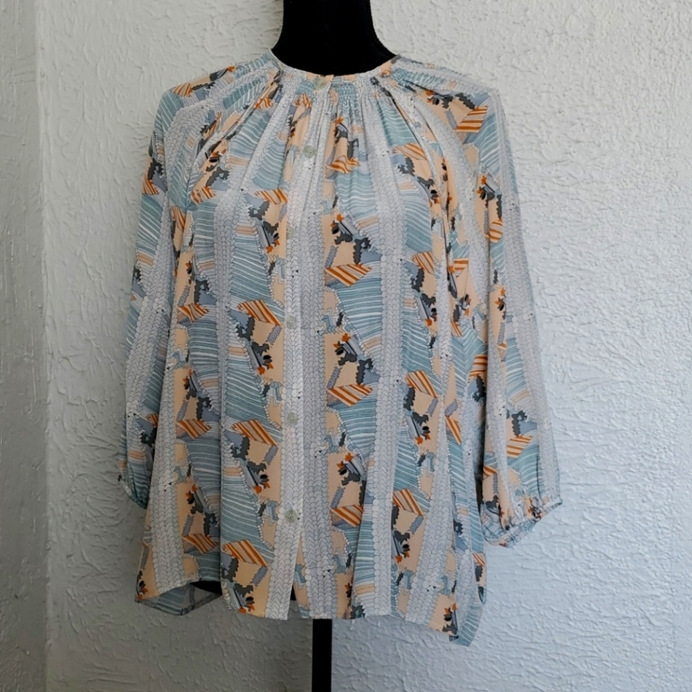 Tucker Women's Blouse in Blue and Orange Pattern